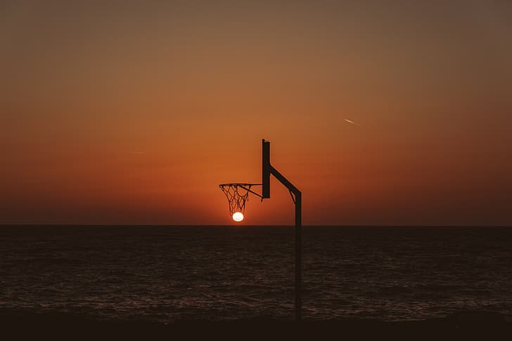 баскетбольная площадка, Солнце, закат, море, HD обои