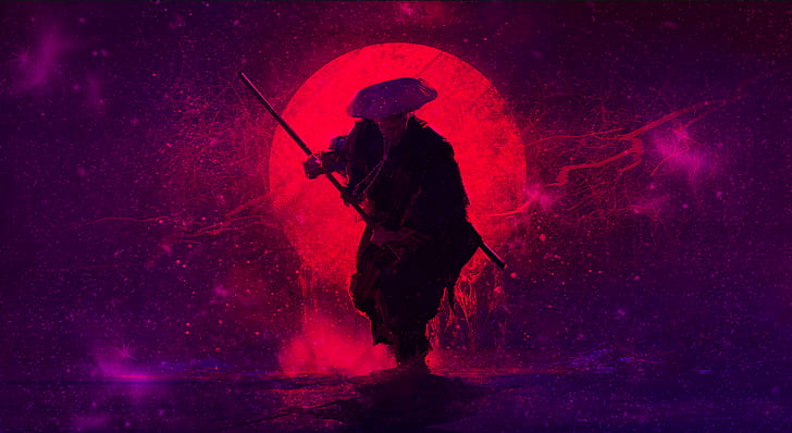 purple sun, bloody sun, space, sunset, samurai, Buddhist mood, HD wallpaper