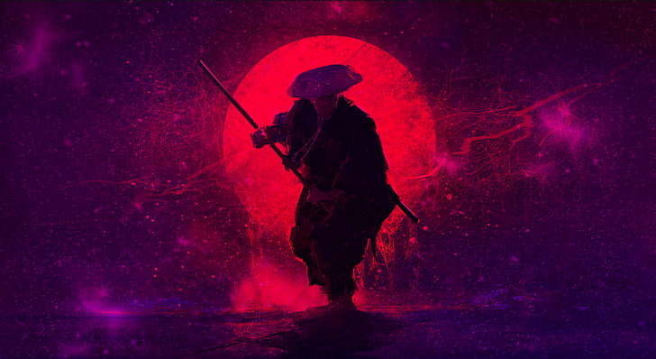 samurajski obraz cyfrowy, samuraj, zachód słońca, przestrzeń, fioletowe słońce, krwawe słońce, buddyjski nastrój, Tapety HD