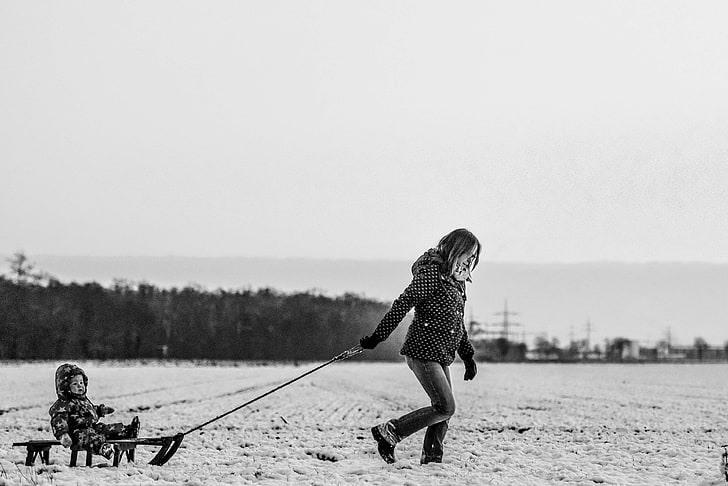 adorable, baby, black and white, child, cold, cool, fun, girl, kid, mother, people, sled, snow, winter, woman, HD wallpaper