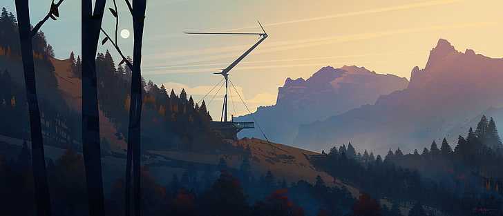 ilustrasi gunung, lanskap, seni digital, minimalis, ilustrasi, seni kipas, pegunungan, Bastien Grivet, Wallpaper HD