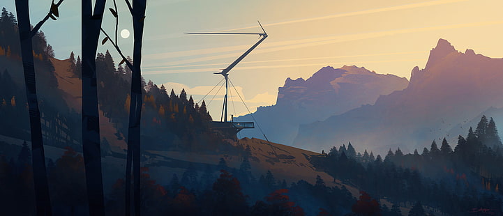 ilustrasi gunung, lanskap, seni digital, minimalis, ilustrasi, seni kipas, pegunungan, Bastien Grivet, Wallpaper HD HD wallpaper