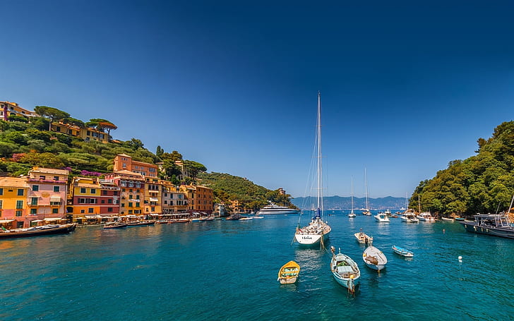 Portofino, Liguria, Italien, hav, båtar, båtar, hus, berg, Portofino, Liguria, Italien, Hav, Yachter, båtar, hus, berg, HD tapet