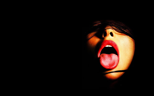 женщины, лицо, открытый рот, темно, языки, модель, красный, черный, рот, губы, HD обои HD wallpaper