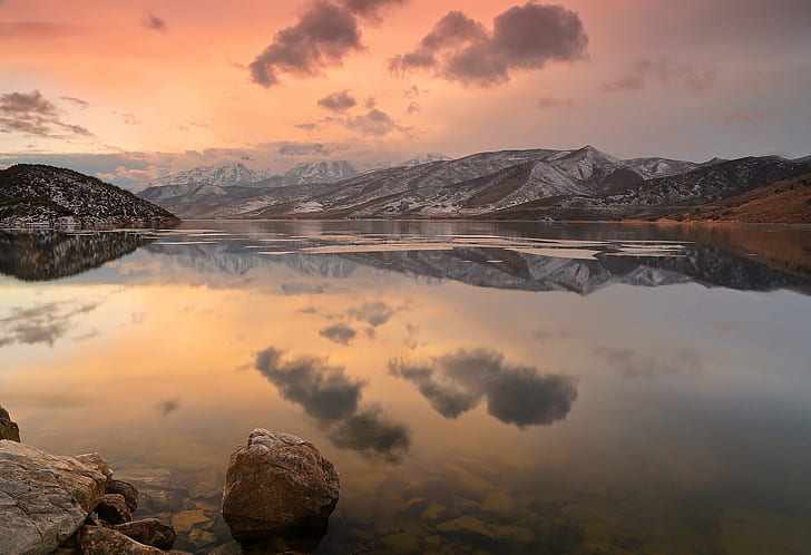 paisaje, lago, reflexión, invierno, nieve, hielo, montañas, Fondo de pantalla HD