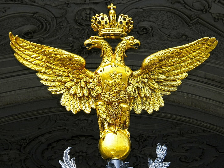 gold birds and crown emblem, Saint Petersburg, Russia, The winter Palace, Double-headed eagle, HD wallpaper