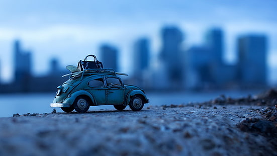 grön Volkswagen Beetle gjuten modell, grå Volkswagen Beetle coupe miniatyr, bil, makro, Beetle, Volkswagen Beetle, HD tapet HD wallpaper