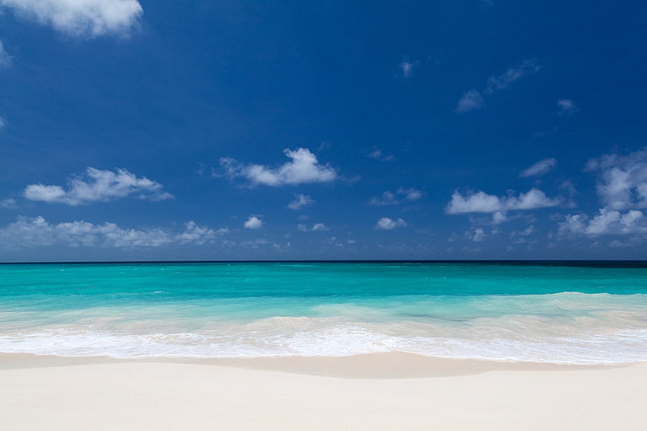 beach, blue, clouds, coastline, coast, nature, landscape, sand, sea, sky, space, turquoise, water, HD wallpaper