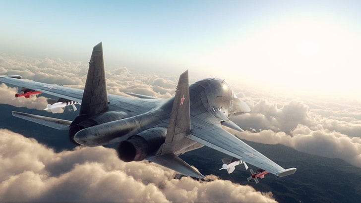серый реактивный самолет, летящий по небу, ВВС, реактивный истребитель, Сухой, Сухой Су-30, военные, HD обои