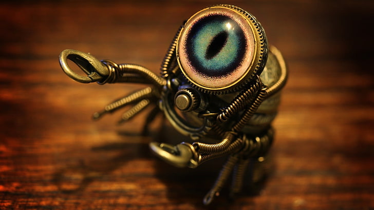 brass-colored insect table decor, artwork, robot, spider, HD wallpaper