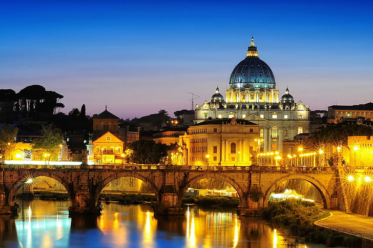 gray concrete bridge, the city, the evening, lighting, Rome, Italy, The Vatican, St. Peter's Cathedral, St. Peter's Basilica, St. Angelo Bridge, Ponte Sant'angelo, HD wallpaper