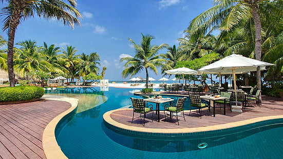 Екзотичен курорт, морски курорт, плажове, 1920x1080, палма, басейн, курорт, HD тапет HD wallpaper