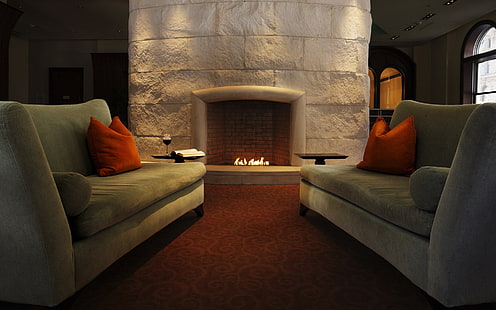 Interior cálido, sofá, chimenea, sala de estar, hogar, diseño, casa, habitación, Fondo de pantalla HD HD wallpaper
