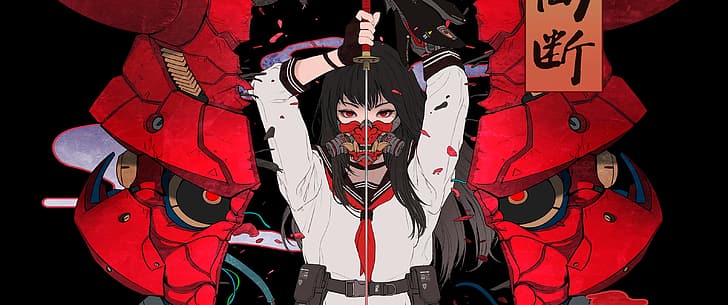 anime, meninas anime, olhos vermelhos, máscaras de gás, cabelo preto, Cyberpunk 2077, HD papel de parede
