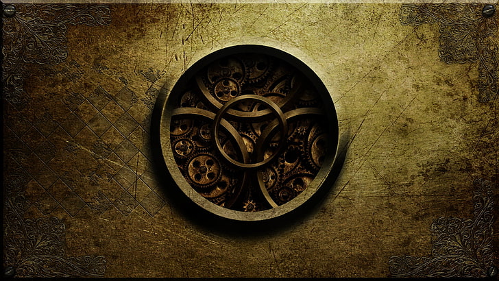 round gray logo illustration, steampunk, gears, artwork, mechanics, digital art, clockwork, clockworks, machine, grunge, HD wallpaper