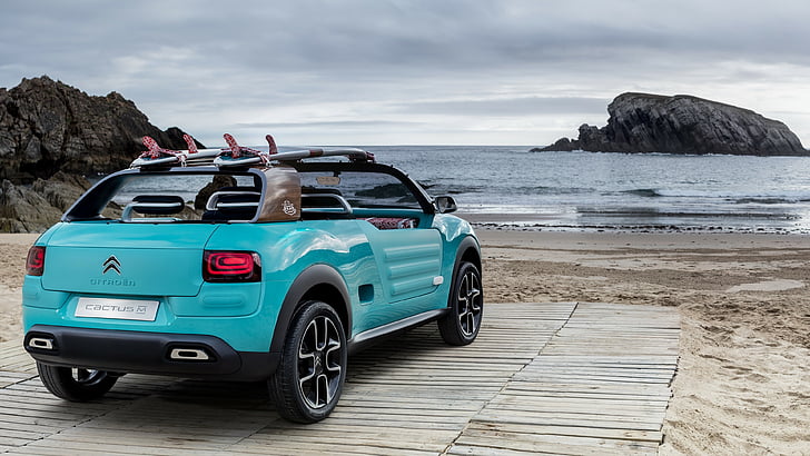 blue Citroen C4 Cactus parked in front body of water at daytime, Citroen Cactus M, hybrid, Citroen, city car, crossover, 2015 car, concept, supercar, luxury cars, cars of 2016, HD wallpaper