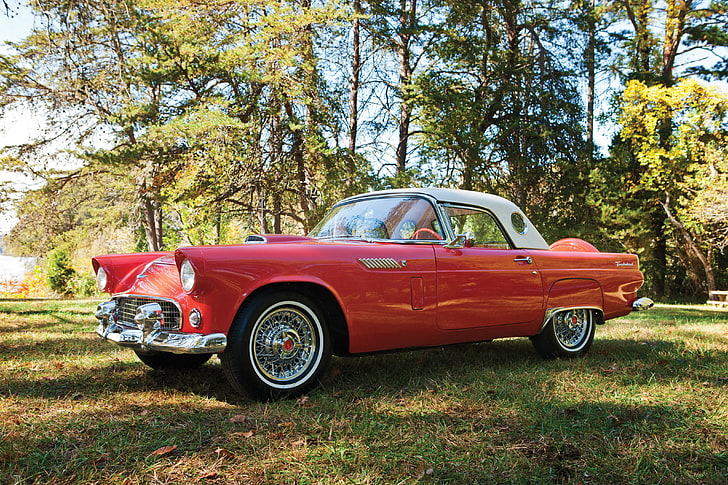 Thunderbird, mobil, Oldtimer, mobil merah, kendaraan, 1956 (Tahun), Wallpaper HD