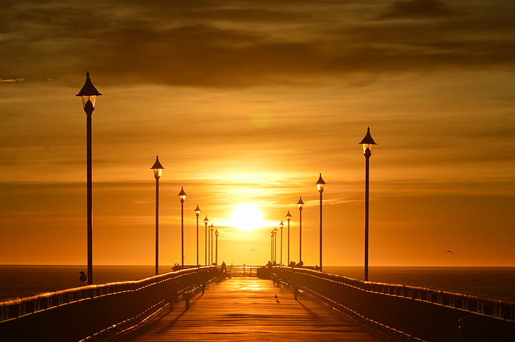 bridge during sunset, bridge, sunset, sunrise  beach, new Brighton, Brighton pier, Christchurch, clouds, sea, HD wallpaper