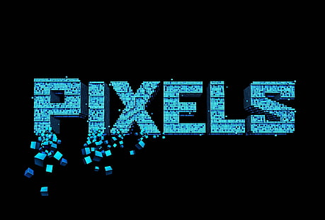 Pixels обои, пиксели, pixel art, 3D, черный фон, куб, цифровое искусство, текст, фильмы, типография, голубой, черный, HD обои HD wallpaper