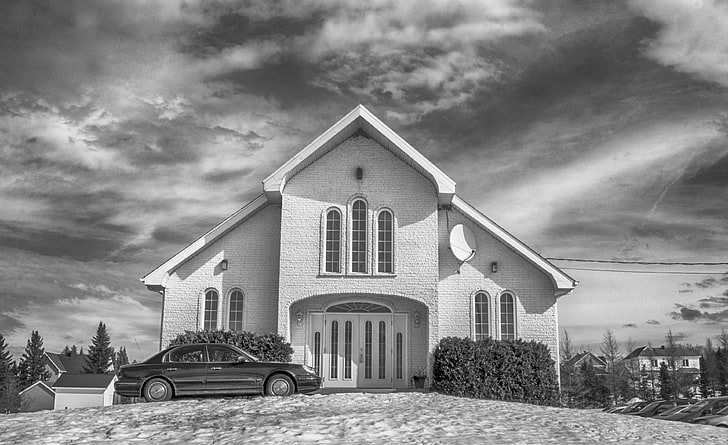 architecture, b w, black and white, building, canadian church, church, cloudy, hdr, HD wallpaper