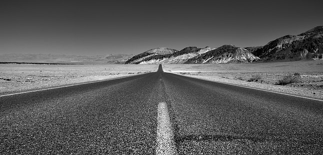 grayscale photography of pavement road near mountain, Colors, on the Road, the Road Ahead, Wide Angle, Black and White, grayscale, photography, pavement, mountain, Range, Badwater, Rd, Blue Skies, Capture, NX2, Edited, Center, Stripe, Color, Pro  Day, Death Valley National Park, Desert, Landscape, Great Basin, Ranges, Highway, North, Mountains, Distance, Nature, Nikon D800E, On Road, Standing, Middle, Death Valley, West, Furnace Creek  California, United States, road, asphalt, no People, travel, outdoors, rural Scene, HD wallpaper HD wallpaper