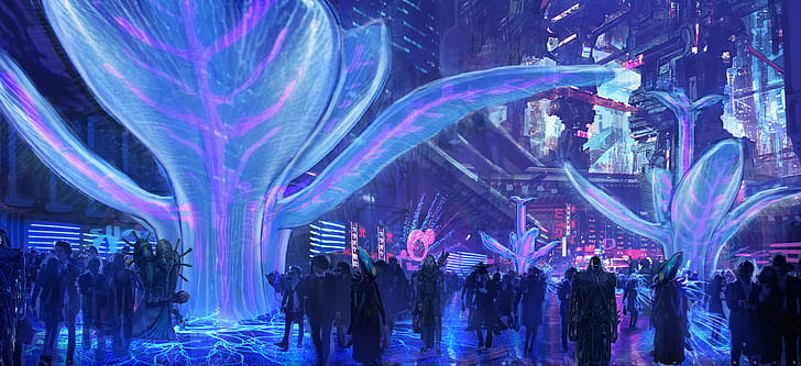 Aliens, Ben Mauro, Big Market, Concept Cars, Crowds, plants, science fiction, Valerian and the City of a Thousand Planets, HD tapet