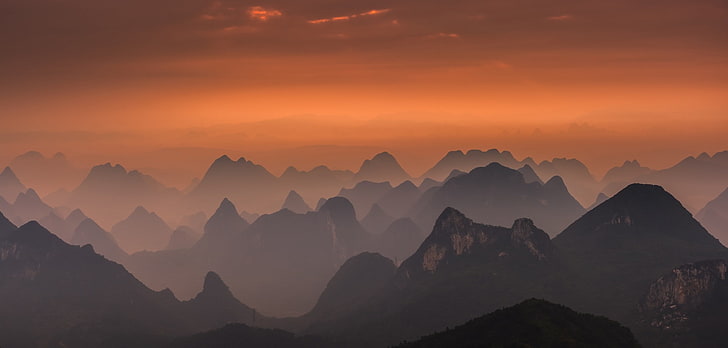 paisagem, natureza, laço, China, montanhas, névoa, Guilin, âmbar, céu, HD papel de parede