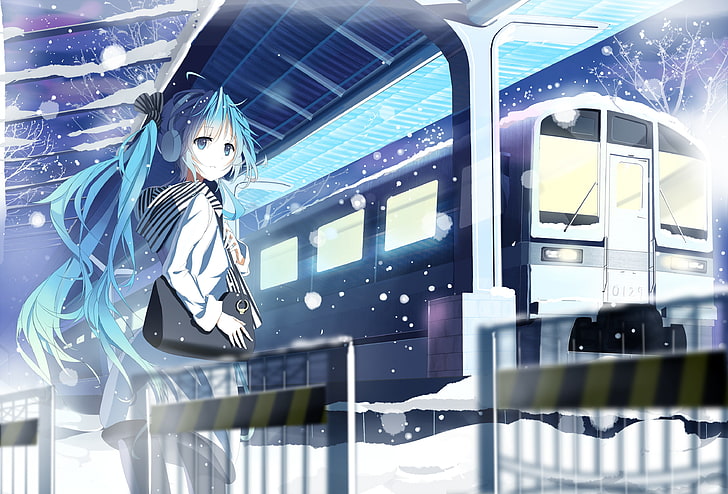 blue-haired girl anime character wallpaper, siji, vocaloid, hatsune miku, station, train, girl, snow, HD wallpaper