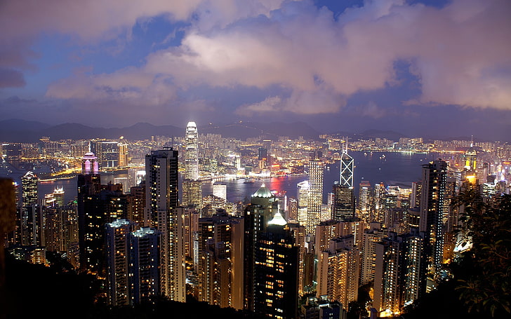 ночь, городской пейзаж, Гонконг, HD обои