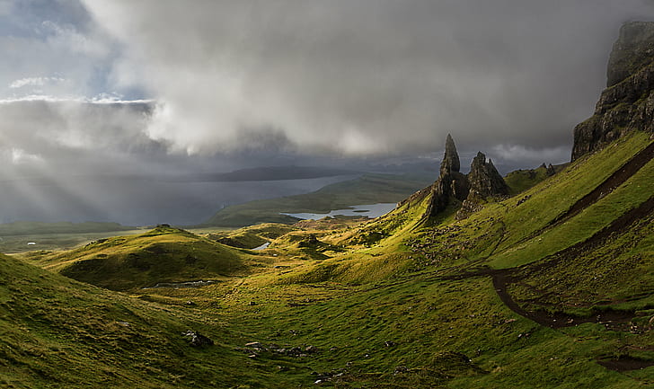 green grass coated mountain photography, Old Man of the Mountains, green grass, coated, photography, Scotland, Isle of Skye, old man of Storr, nature, mountain, landscape, scenics, outdoors, cloud - Sky, hill, grass, iceland, summer, sky, meadow, HD wallpaper