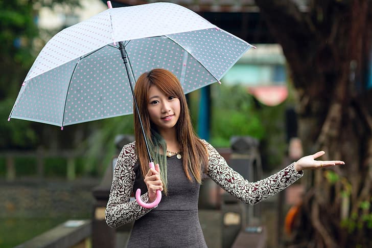 Asian, model, women, long hair, dark hair, umbrella, HD wallpaper