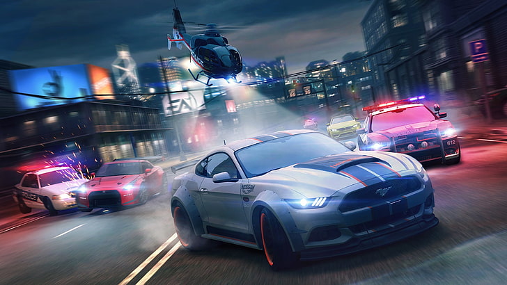 Иллюстрация купе Ford Shelby, Need for Speed: No Limits, видеоигры, ночь, город, Ford Mustang GT, Nissan GT-R, BMW M4, полицейские машины, тюнинг, размытость, Need for Speed, HD обои