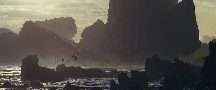 formacja skalna, grafika, fantasy, góry, morze, Tapety HD