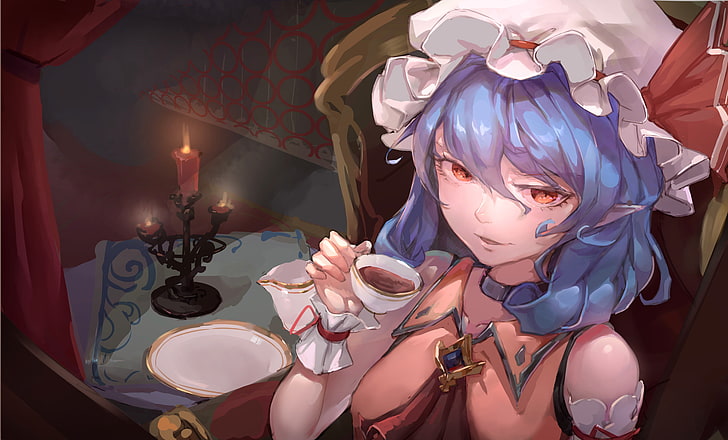 remilia scarlet, touhou, coffee, elf ears, blue eyes, Anime, HD wallpaper