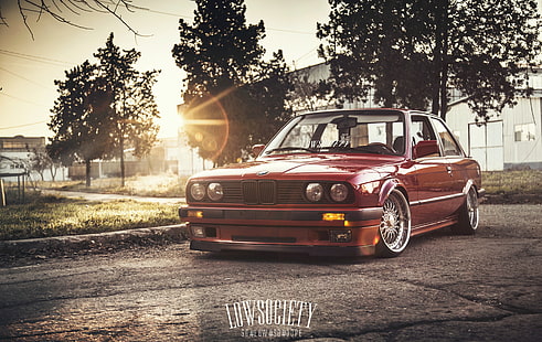 red BMW E32 coupe, car, the sun, bmw, red, Blik, low, e30, 3 series, stance, hq Wallpapers, HD wallpaper HD wallpaper