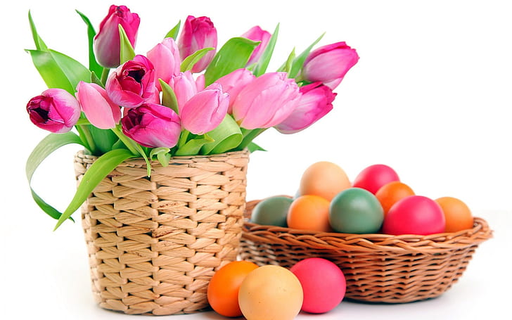 2014 färgglada påskägg, rosa blommor och diverse färgägg på brun vävd korg, 2014 påsk, påsk 2014, påskägg, HD tapet