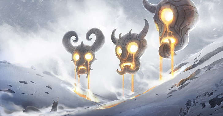 three skull illustrations, fantasy art, wizard, snow, mask, HD wallpaper
