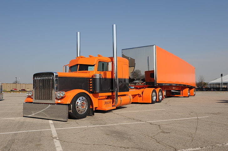 orange freight truck, custom, truck, peterbilt, HD wallpaper