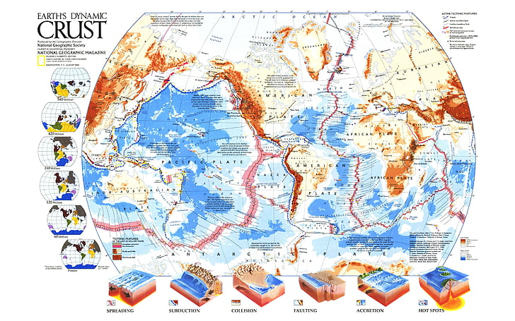 Abbildung der dynamischen Erdkruste, Erde, Diagramme, Karte, National Geographic, Welt, Weltkarte, Infografiken, HD-Hintergrundbild