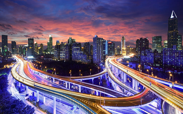 Hong Kong, Chine, veilleuses de la ville, autoroute, gratte-ciel, bâtiments, Hong Kong, Chine, ville, nuit, lumières, autoroute, gratte-ciel, bâtiments, Fond d'écran HD