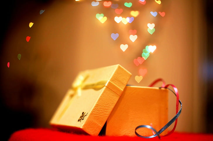Chrismas, New Year, Holiday, New Year, Christmas, chrismas, gift, box, ribbon, ribbons, bokeh, hearts, blur, background, widescreen, fullscreen, s, HD wallpaper