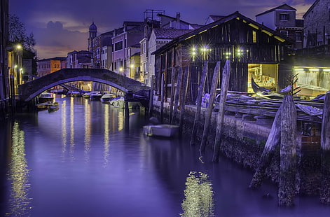 деревянный мост в ночное время, венецианский, венецианский, венецианский, пути, деревянный мост, ночное время, Венеция, Венеция, Город, городской пейзаж, Закат, ночной свет, Италия, Италия, Никон, HD обои HD wallpaper