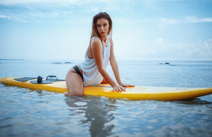 sea, look, girl, pose, hands, Mike, Board, surfing, Acts Novels, HD wallpaper