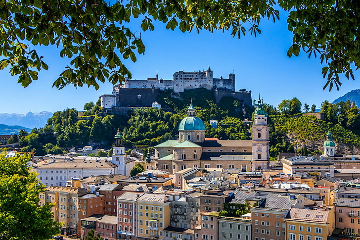 branches, building, Austria, panorama, Cathedral, fortress, Salzburg, Hohensalzburg fortress, Salzburg Cathedral, Fortress mountain, Hohensalzburg Castle, mount Festungsberg, HD wallpaper
