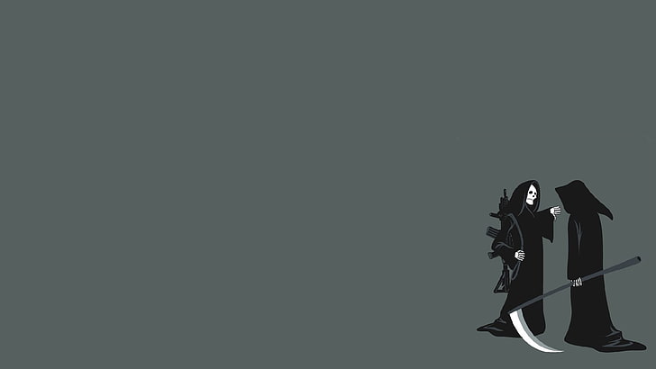 иллюстрация двух мрачных жнецов, минимализм, мрачный жнец, коса, штурмовая винтовка, простой фон, скелет, плащи, HD обои