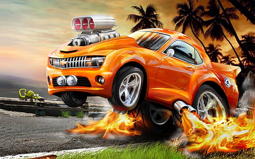 Горещи колела, кола, карикатура, огън, оранжево, HD тапет HD wallpaper