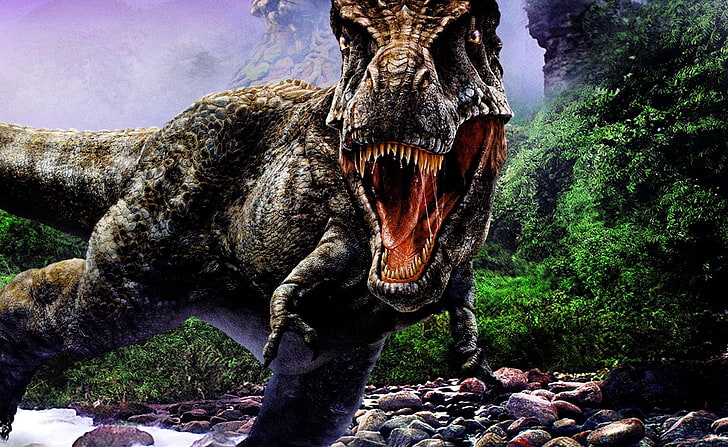 papel de parede de dinossauro marrom, dinossauro, mandíbulas, agressão, pedras, árvores, HD papel de parede