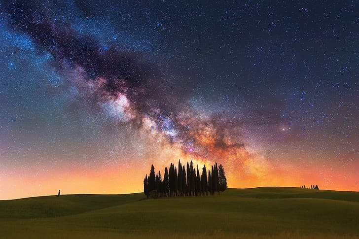 the sky, stars, trees, night, field, Italy, the milky way, cypress, Tuscany, HD wallpaper