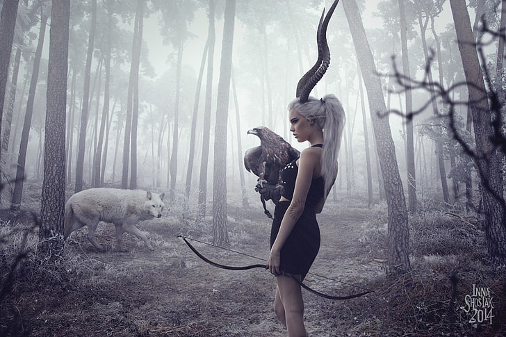 женщина вымышленный персонаж с рогами, держа композитный лук обои, лес, девушка, деревья, орел, волк, лук, рога, стрелы, охотник, арбалет, HD обои