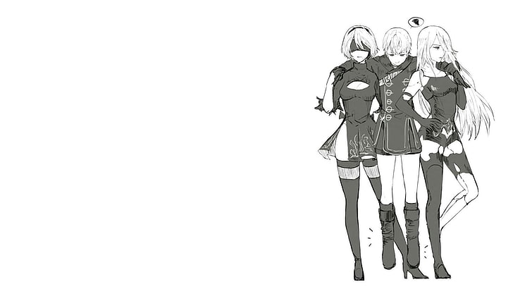 sfondo di tre personaggi di anime femminili, Nier: Automata, 2B (Nier: Automata), A2 (Nier: Automata), 9S (Nier: Automata), monocromatico, sfondo semplice, capelli bianchi, NieR, Sfondo HD